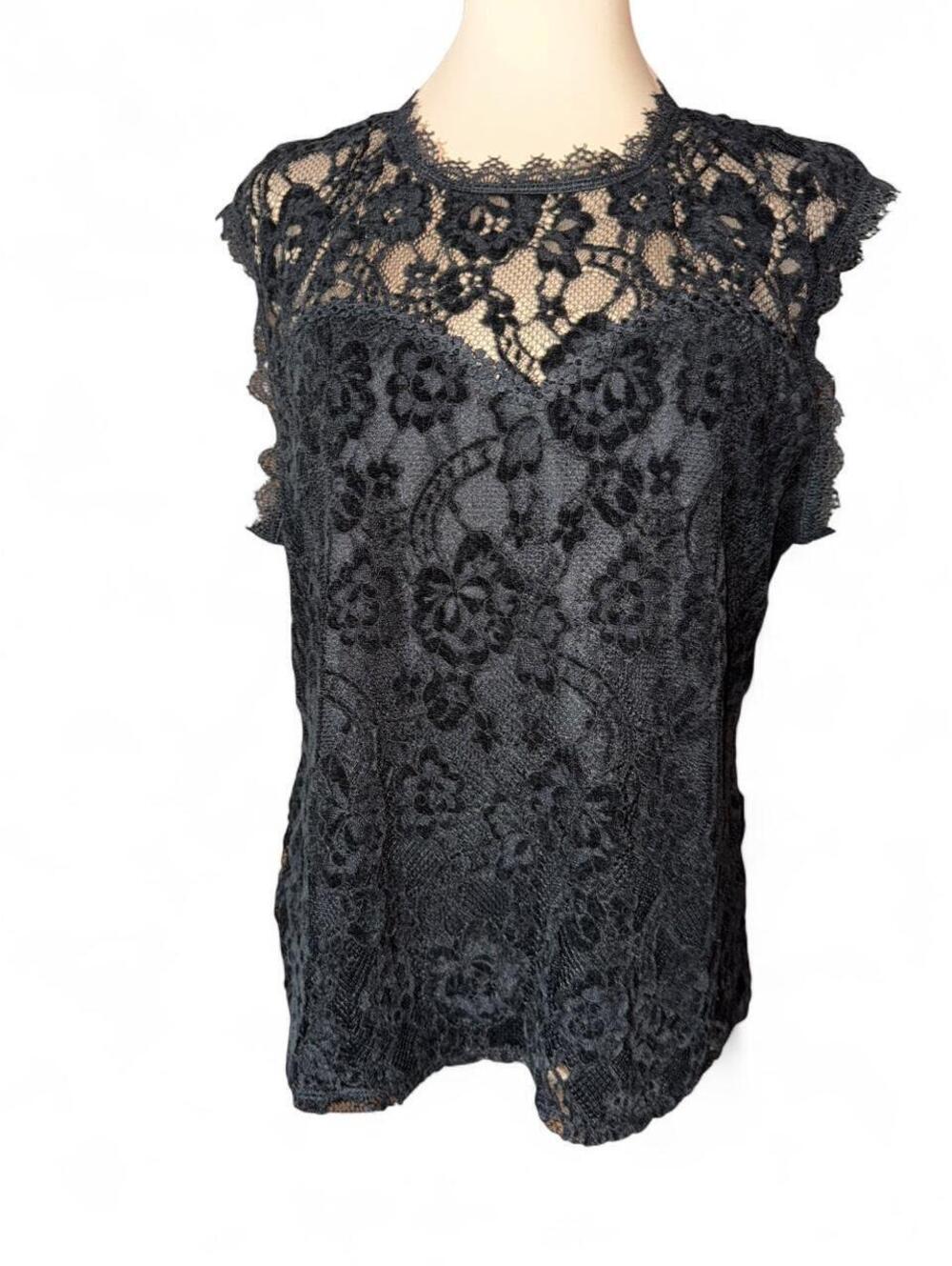 Adiva Women's Black lace floral sleeveless semi sheer blouse Goth whimsigoth